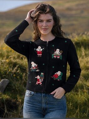 Vintage Talbots Christmas Sweater Cardigan Santa Claus Appliqué Black Small H